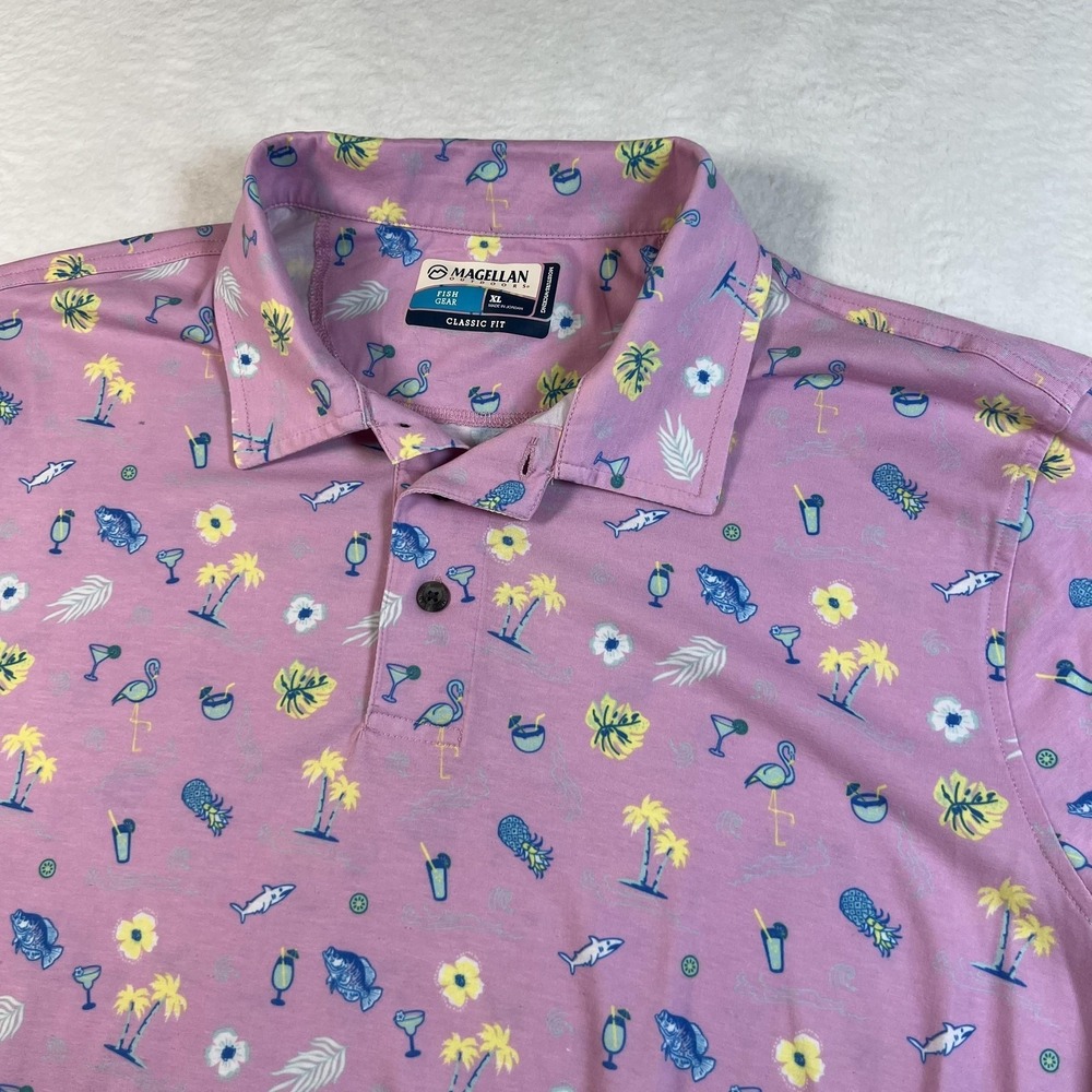 Magellan Outdoors Polo Shirt Mens XL Pink Tropical Fish‎ Gear Moisture Wicking